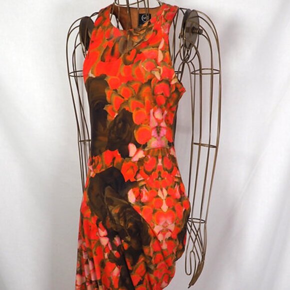 McQ by Alexander McQueen Orange Printed Lyocell Knit Racerback Ruched Dress S - Picture 1 of 16
